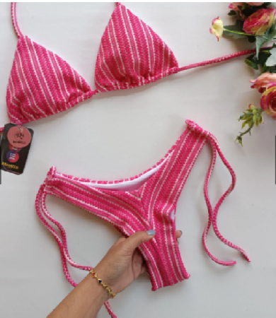 Biquini Asa Delta Crochet Marfim, Nud e Rosa Texturizado Croche